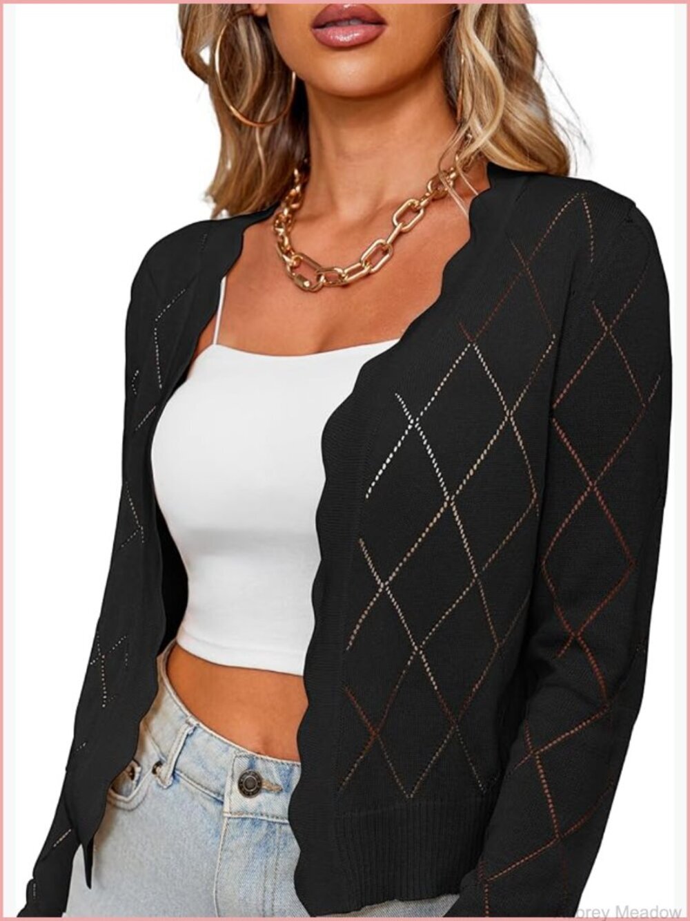 Long Sleeve Cropped Cardigan Open Front Hollow Out Shrugs Lightweight V-Neck
